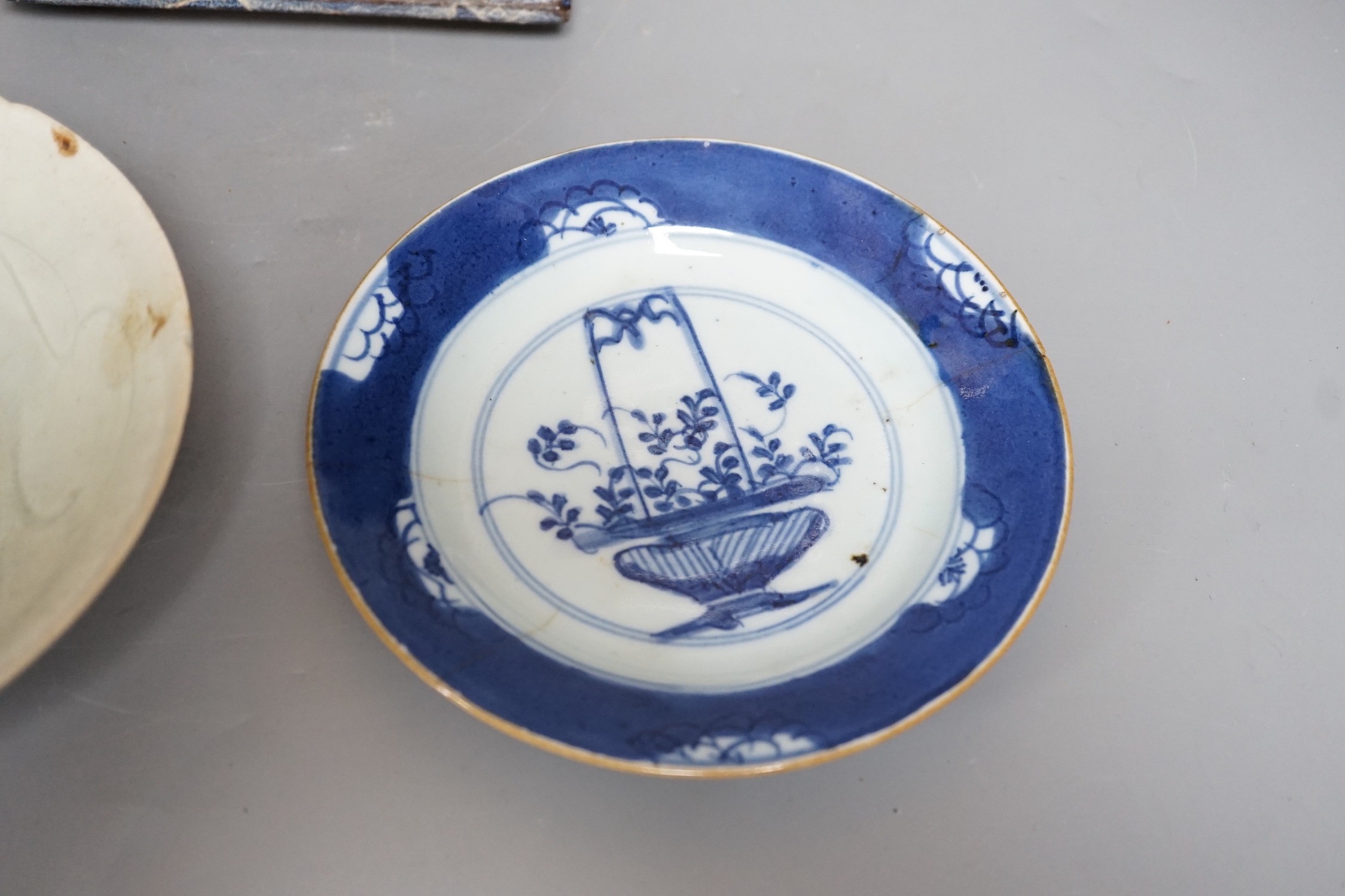 A Chinese blue and white plate a pottery planter and stand and a Qingbai type bowl, bowl 16.5cms diameter